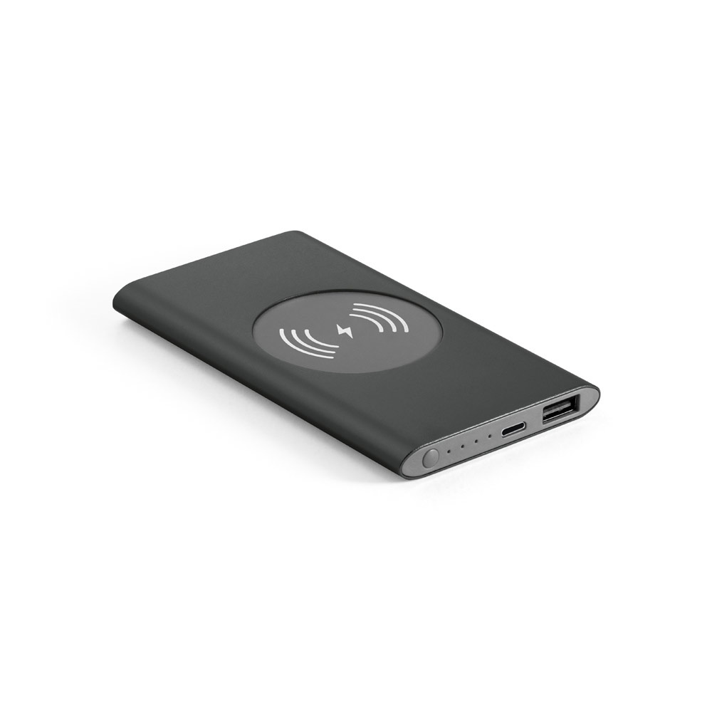 CASSINI. Powerbank 4'000 mAh mit 5W wireless Ladegerät aus Recyceltes Aluminium (100 % rAL) - Schwarz
