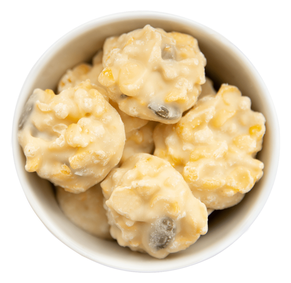 Faltschachtel - Seelenmasseur - Schoko-Crispies mit weißer Schokolade, Kürbiskernen und Erdbeere